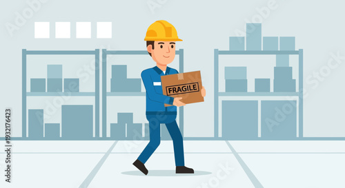 Warehouse worker carefully carrying a fragile package with a safety helmet