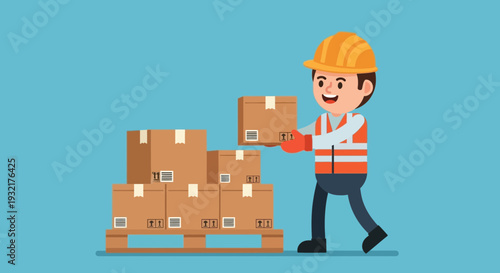 Friendly delivery worker in hardhat and vest carefully carrying cardboard boxes on a pallet