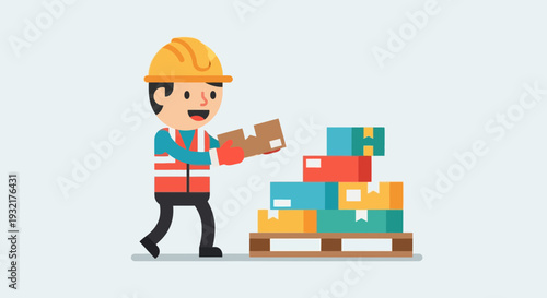 Construction worker in hard hat and vest moving cardboard boxes onto a pallet in a warehouse setting