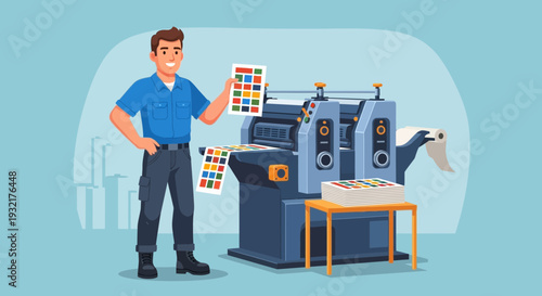 Skilled print shop worker inspects colorful proofs near a modern printing press and stacked paper