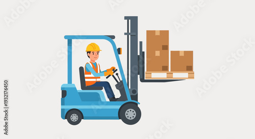 A diligent worker in a yellow hard hat and orange vest operates a blue forklift, carefully transporting boxes on a pallet in a warehouse setting.