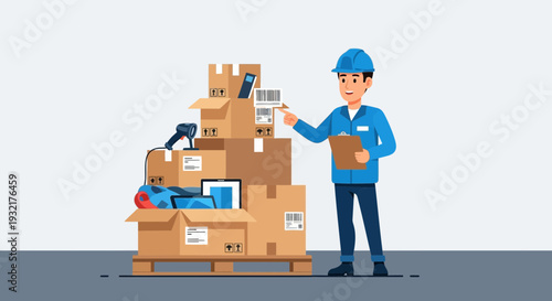 Warehouse worker scanning boxes with barcode scanner and clipboard on pallet