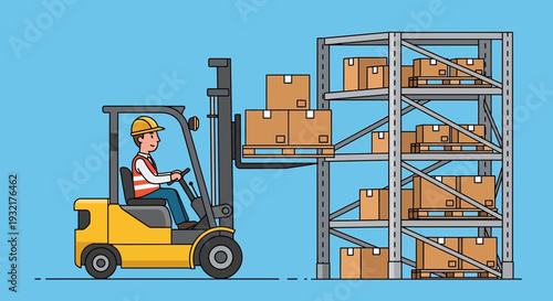 Cartoon worker operating a yellow forklift truck, loading boxes onto warehouse shelves.