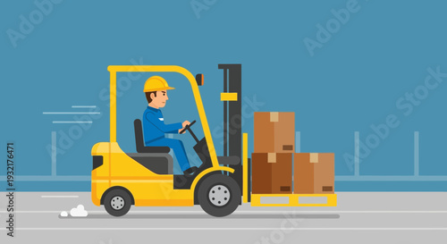 Forklift truck driver in uniform loading boxes onto a pallet in a warehouse