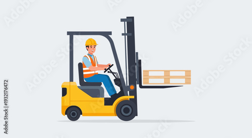 A smiling worker in a hard hat and vest operates a yellow forklift, lifting a wooden pallet