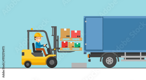 Forklift driver loading boxes onto a delivery truck at a warehouse loading dock