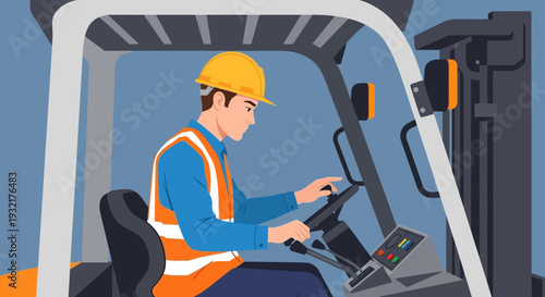 Construction Worker Operating Forklift in Industrial Setting