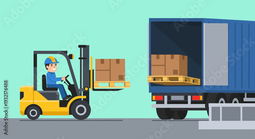 Forklift loading boxes onto a truck for logistics and delivery operations