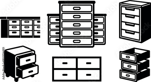 Flat design black and white filing cabinet icons set showing open and closed drawers front and perspective office storage utility
