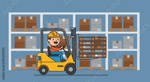 Happy warehouse worker operating a yellow forklift moving pallets of boxes