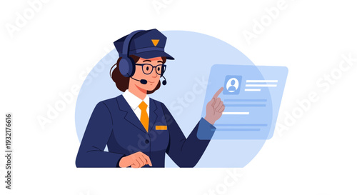Customer service operator with headset interacting with digital profile screen