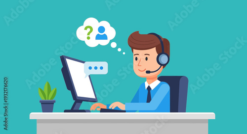 Friendly customer service operator with headset using computer for online support and communication