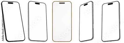 Foto a professional photograph showcasing multiple modern smartphones from various angles, featuring clean blank white screens, perfect for app mockups
