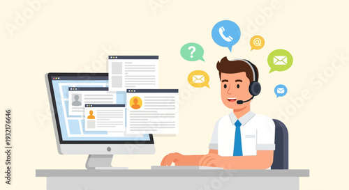 Call center agent with headset and multiple computer screens providing customer support