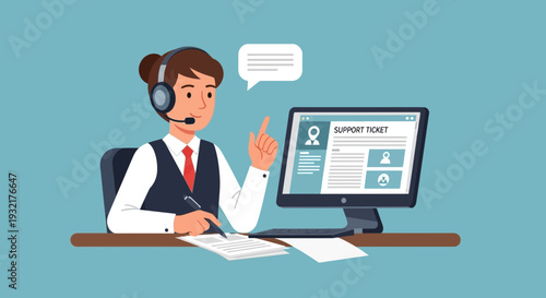 Customer support agent working on a computer, handling a ticket with a headset