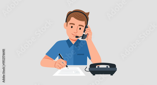 Customer service operator wearing a headset and taking notes while talking on the phone