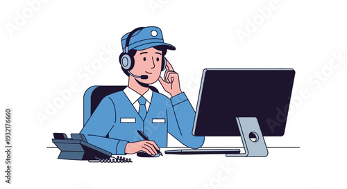 A customer service operator wearing a blue uniform and headset works at a computer with a phone nearby.