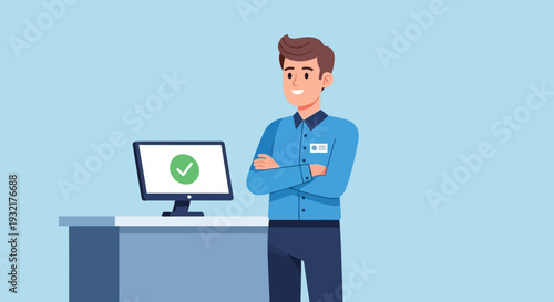 Smiling service assistant in blue uniform with crossed arms beside a computer displaying a confirmation checkmark.