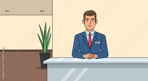 Friendly hotel receptionist named Bob in a suit standing behind the desk offering service