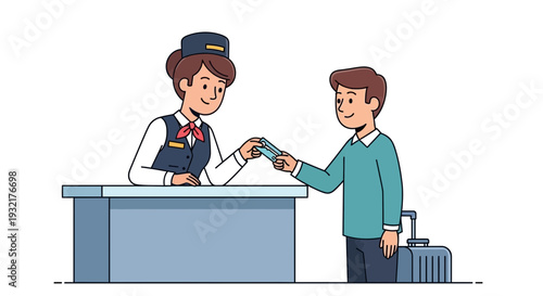 Hotel receptionist handing a key card to a guest checking in at the counter