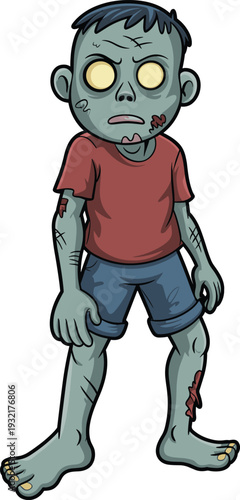 Cartoon zombie child with pale green-blue skin, glowing yellow eyes, wounds, scars, red shirt, blue shorts, disheveled hair, stylized undead design for Halloween and spooky themes