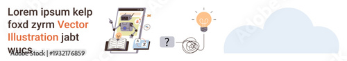 Business strategy, creative workflow, idea generation, technology integration, education, problem-solving. A tablet with tools, a question mark light bulb and cloud. Creative workflow and idea