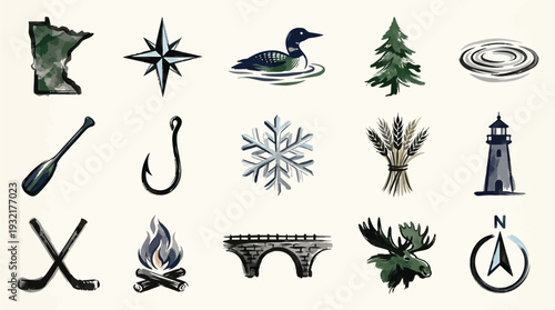 A collection of watercolor illustrations representing Minnesota's natural beauty, outdoor activities, and iconic symbols.