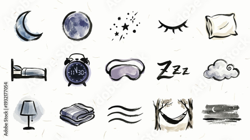 A collection of hand-drawn watercolor illustrations depicting various elements associated with sleep and nighttime, including celestial bodies, bedding, and sleep aids.