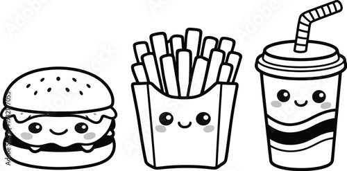 Set of 3 kawaii fast food icons vector