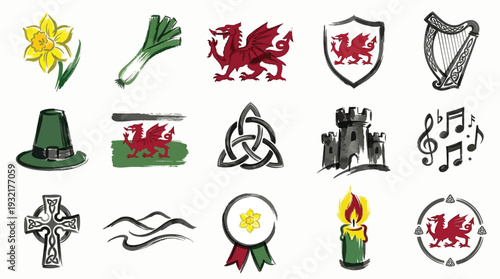 Collection of Welsh cultural symbols including a daffodil, leek, dragon, harp, castle, and Celtic knotwork.
