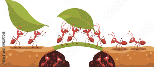 Cartoon ants working together carrying leaves across gap, teamwork bridge illustration symbolizing cooperation, collective effort, problem-solving, and 