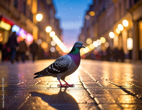 Pigeon stands on cobblestone street, bathed in soft golden light, people blurred in background