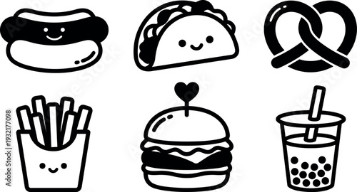 Kawaii line art flat design smiling fast food icons set hotdog taco pretzel fries burger bubble tea simple black outline