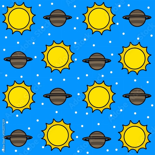 Background illustration of planets, sun, stars and sky.
