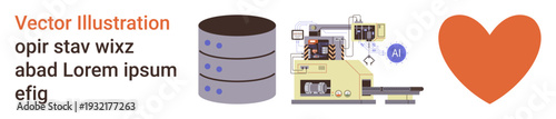 Data management, AI automation, technology, manufacturing, innovation, human connection. A database, AI-powered machinery and a heart symbol. Data management and AI automation concept