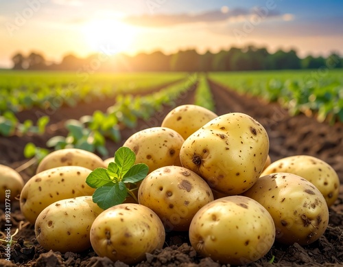 Pile of freshly harvested root vegetables with sunlit agricultural field background