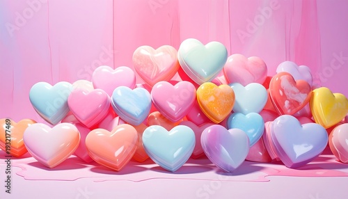 Pile of glossy, pastel-colored hearts against a watercolor pink background