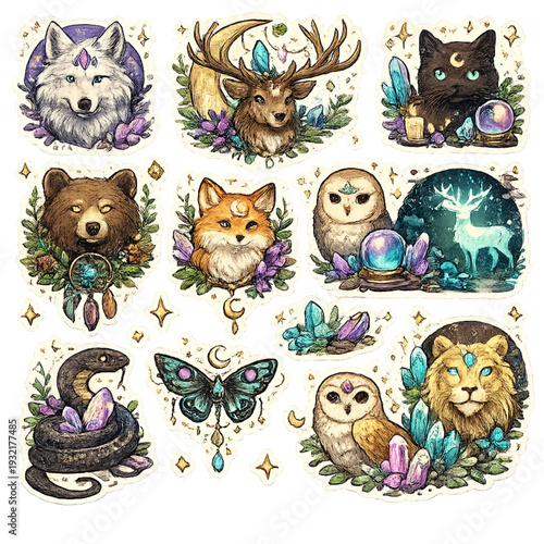mystical spirit animal collection, spiritual animal totem illustration set, ethereal wildlife character art, glowing aura animal portraits, celestial fox wolf owl deer designs, pastel cosmic gradient 