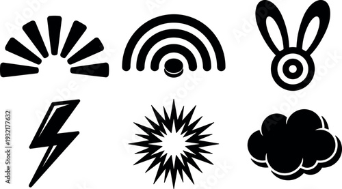 Flat design icon set close up sunburst rainbow rabbit target lightning starburst cloud bold monochrome vector scalable minimalist symbols pictogram