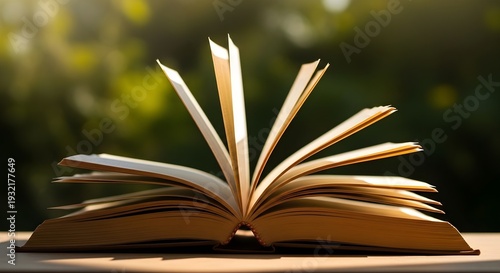 An open book on a table with pages fanned out