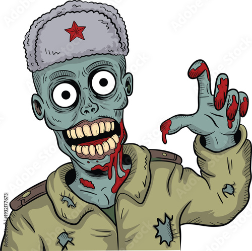 Cartoon horror illustration of zombie soldier in tattered military uniform with fur hat, red star emblem, bulging eyes, blood details, grotesque undead design with humor