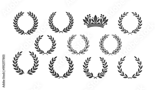 collection of black silhouettes of laurel wreaths and crowns