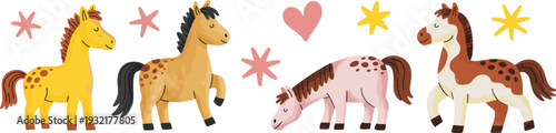Cartoon horses illustration with colorful playful expressions, decorative stars and heart, cheerful design concept perfect for children’s art, friendship themes, and whimsical creative project