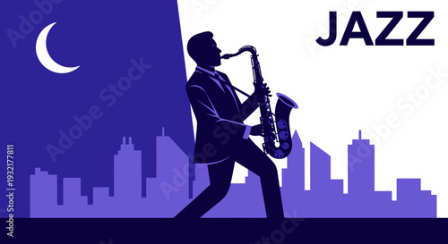 Jazz Saxophone Player City Night Flat Illustration
