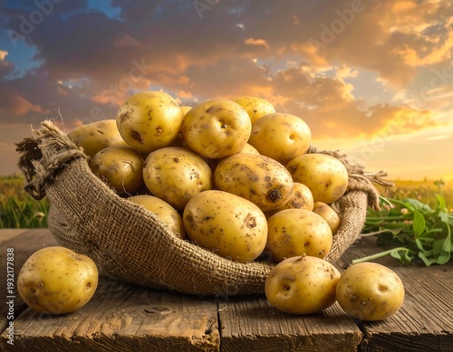 Pile of golden potatoes overflowing from a burlap sack set on a rustic wooden table