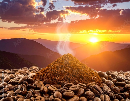Pile of ground coffee with steam, surrounded by beans, mountain backdrop, sunrise