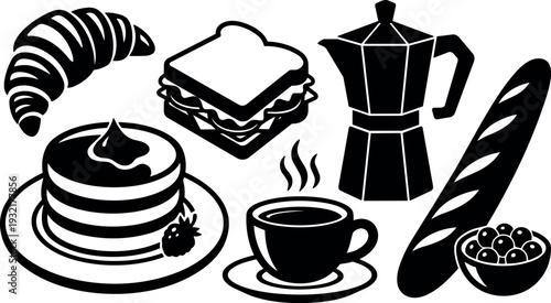 Flat design breakfast food silhouette set with croissant pancakes coffee cup moka pot baguette sandwich cereal bowl close up black