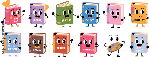 Cartoon illustrated books collection with diverse genres, anthropomorphic characters, colorful designs, educational artwork, creative literary themes, a