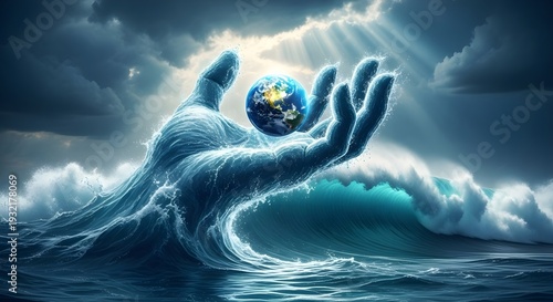 Titanic hand saving earth from dark stormy sea