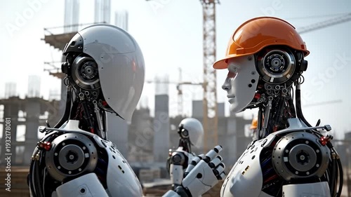 Robotics in Construction: Two humanoid robots converse on a construction site, while the building construction, showing the collaboration between artificial intelligence and human skills.
